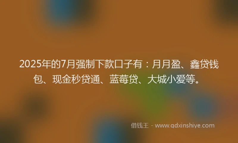 2025年的7月强制下款口子有：月月盈、鑫贷钱包、现金秒贷通、蓝莓贷、大城小爱等。