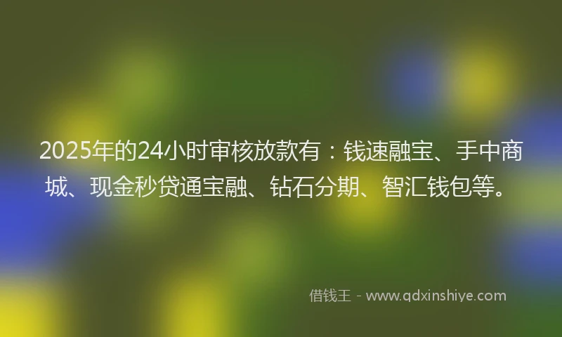2025年的24小时审核放款有：钱速融宝、手中商城、现金秒贷通宝融、钻石分期、智汇钱包等。