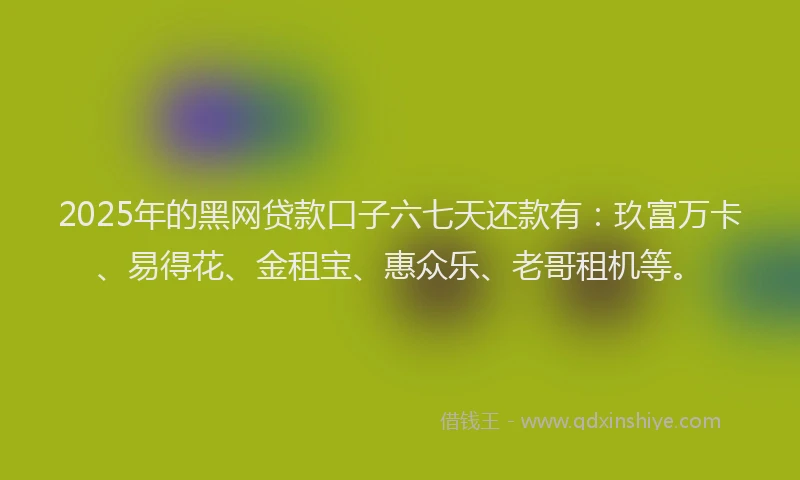 2025年的黑网贷款口子六七天还款有：玖富万卡、易得花、金租宝、惠众乐、老哥租机等。