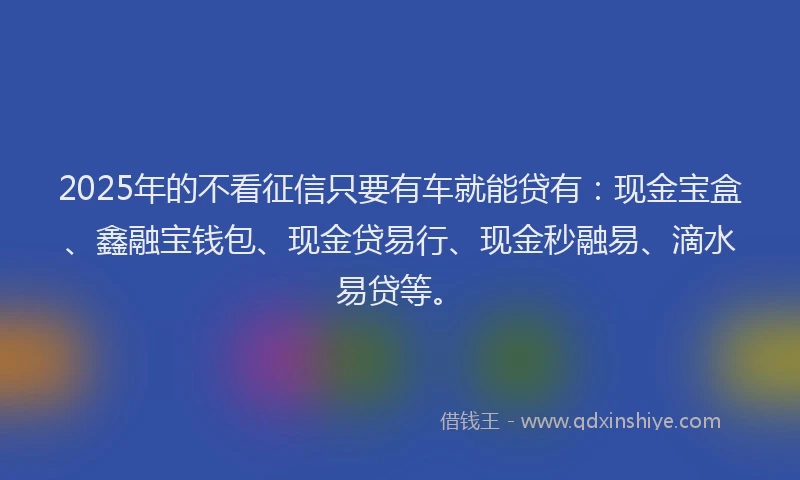 2025年的不看征信只要有车就能贷有：现金宝盒、鑫融宝钱包、现金贷易行、现金秒融易、滴水易贷等。