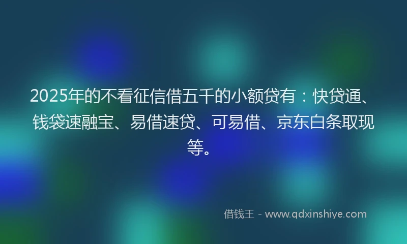 2025年的不看征信借五千的小额贷有：快贷通、钱袋速融宝、易借速贷、可易借、京东白条取现等。