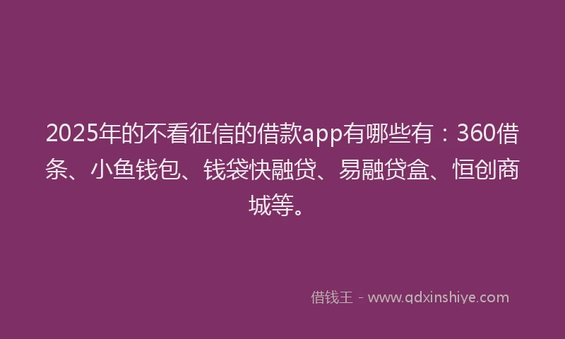 2025年的不看征信的借款app有哪些有：360借条、小鱼钱包、钱袋快融贷、易融贷盒、恒创商城等。