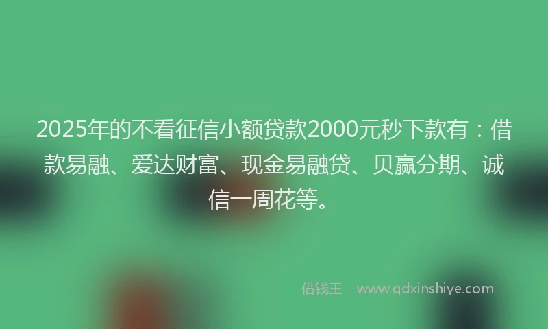 2025年的不看征信小额贷款2000元秒下款有：借款易融、爱达财富、现金易融贷、贝赢分期、诚信一周花等。