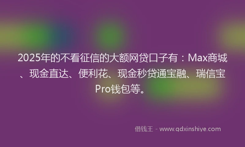 2025年的不看征信的大额网贷口子有：Max商城、现金直达、便利花、现金秒贷通宝融、瑞信宝Pro钱包等。