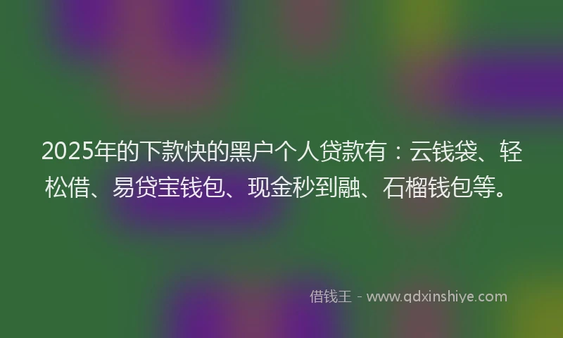2025年的下款快的黑户个人贷款有:云钱袋、轻松借、易贷宝钱包、现金秒到融、石榴钱包等。