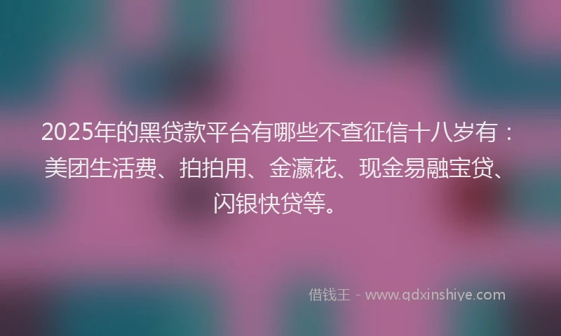 2025年的黑贷款平台有哪些不查征信十八岁有：美团生活费、拍拍用、金瀛花、现金易融宝贷、闪银快贷等。