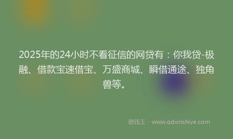 2025年的24小时不看征信的网贷有：你我贷-极融、借款宝速借宝、万盛商城、瞬借通途、独角兽等。
