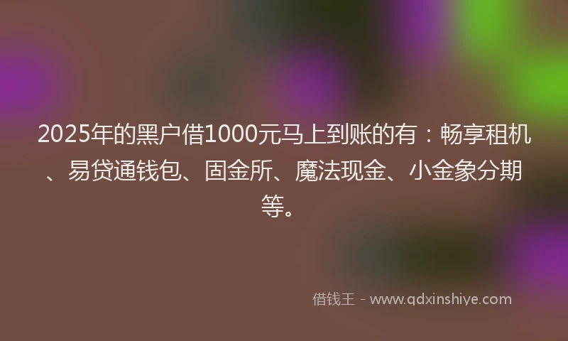 2025年的黑户借1000元马上到账的有：畅享租机、易贷通钱包、固金所、魔法现金、小金象分期等。