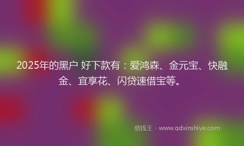 2025年的黑户 好下款有：爱鸿森、金元宝、快融金、宜享花、闪贷速借宝等。