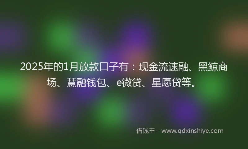 2025年的1月放款口子有：现金流速融、黑鲸商场、慧融钱包、e微贷、星愿贷等。
