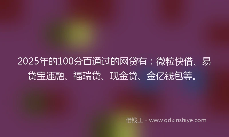 2025年的100分百通过的网贷有：微粒快借、易贷宝速融、福瑞贷、现金贷、金亿钱包等。