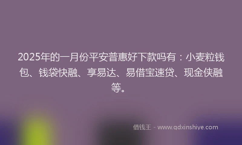 2025年的一月份平安普惠好下款吗有:小麦粒钱包、钱袋快融、享易达、易借宝速贷、现金侠融等。