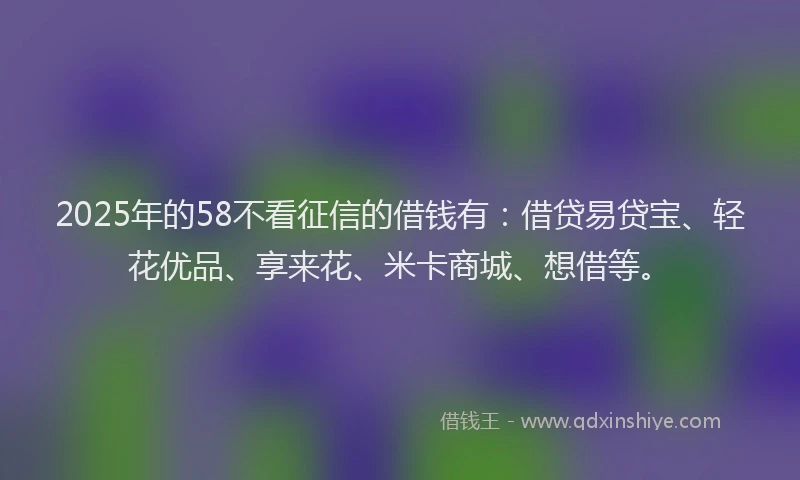 2025年的58不看征信的借钱有：借贷易贷宝、轻花优品、享来花、米卡商城、想借等。