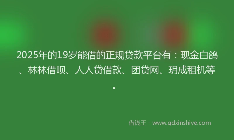 2025年的19岁能借的正规贷款平台有：现金白鸽、林林借呗、人人贷借款、团贷网、玥成租机等。