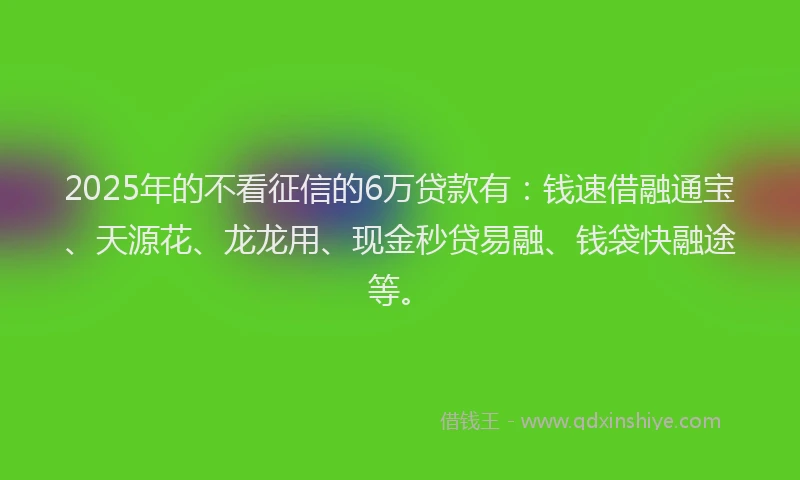 2025年的不看征信的6万贷款有：钱速借融通宝、天源花、龙龙用、现金秒贷易融、钱袋快融途等。