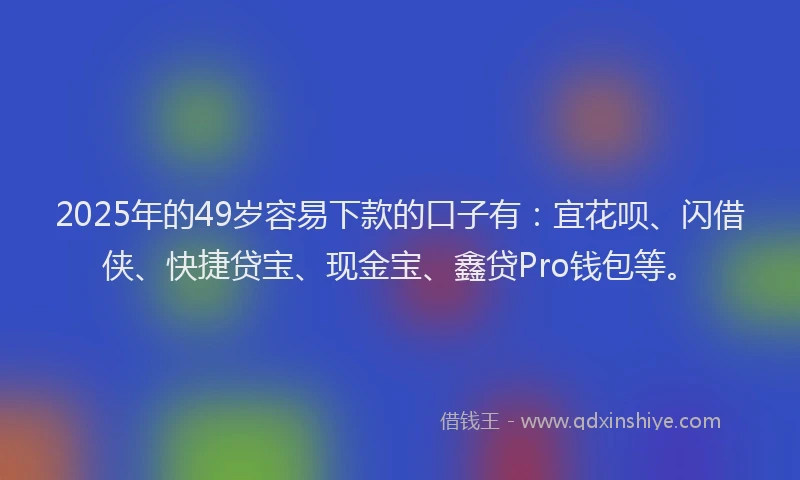 2025年的49岁容易下款的口子有：宜花呗、闪借侠、快捷贷宝、现金宝、鑫贷Pro钱包等。