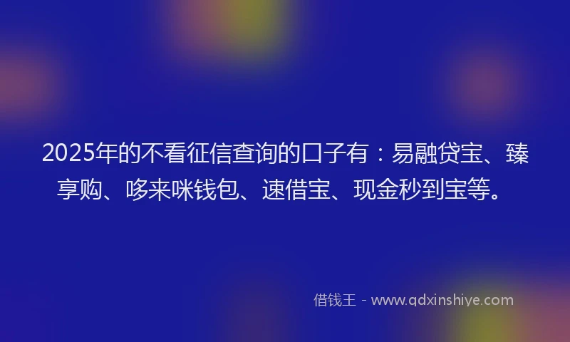 2025年的不看征信查询的口子有：易融贷宝、臻享购、哆来咪钱包、速借宝、现金秒到宝等。