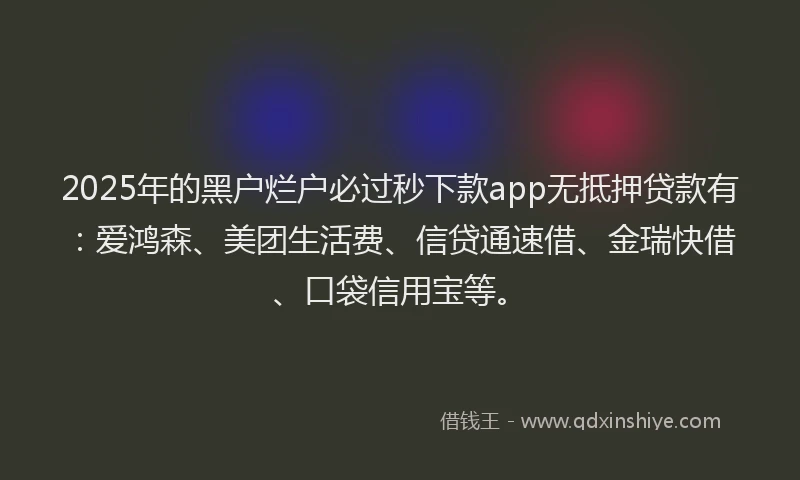 2025年的黑户烂户必过秒下款app无抵押贷款有：爱鸿森、美团生活费、信贷通速借、金瑞快借、口袋信用宝等。