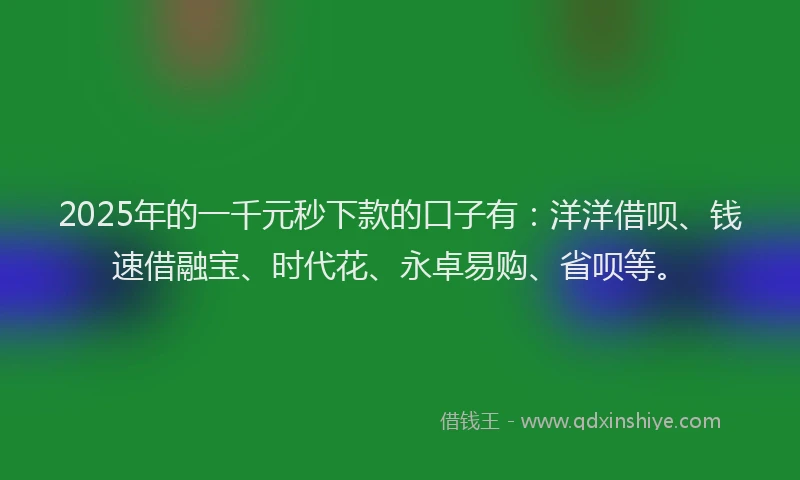 2025年的一千元秒下款的口子有:洋洋借呗、钱速借融宝、时代花、永卓易购、省呗等。
