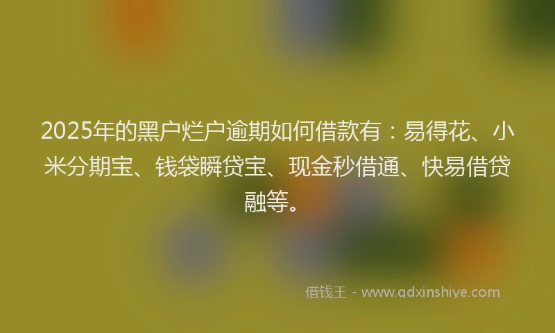 2025年的黑户烂户逾期如何借款有：易得花、小米分期宝、钱袋瞬贷宝、现金秒借通、快易借贷融等。