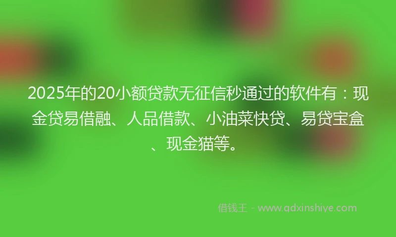 2025年的20小额贷款无征信秒通过的软件有：现金贷易借融、人品借款、小油菜快贷、易贷宝盒、现金猫等。