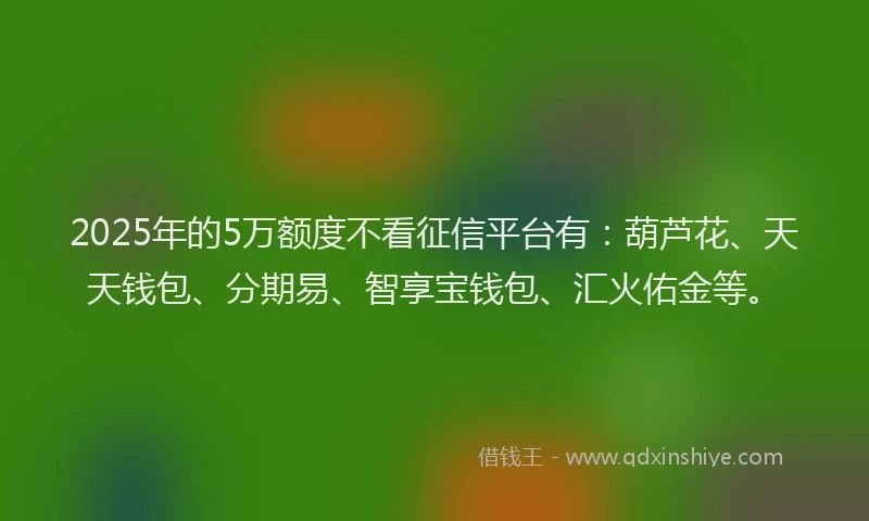 2025年的5万额度不看征信平台有：葫芦花、天天钱包、分期易、智享宝钱包、汇火佑金等。