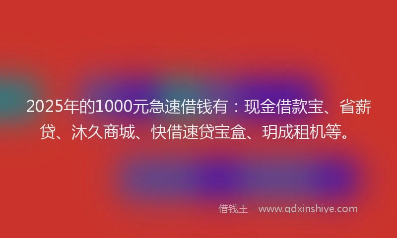 2025年的1000元急速借钱有：现金借款宝、省薪贷、沐久商城、快借速贷宝盒、玥成租机等。
