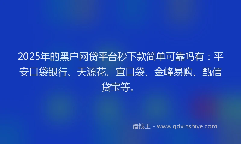 2025年的黑户网贷平台秒下款简单可靠吗有：平安口袋银行、天源花、宜口袋、金峰易购、甄信贷宝等。