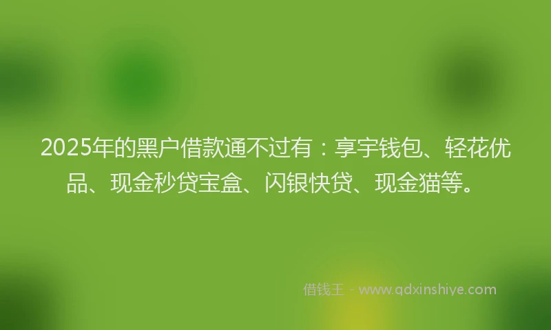 2025年的黑户借款通不过有：享宇钱包、轻花优品、现金秒贷宝盒、闪银快贷、现金猫等。