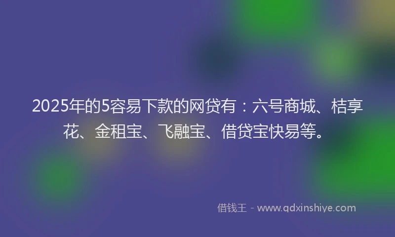 2025年的5容易下款的网贷有：六号商城、桔享花、金租宝、飞融宝、借贷宝快易等。