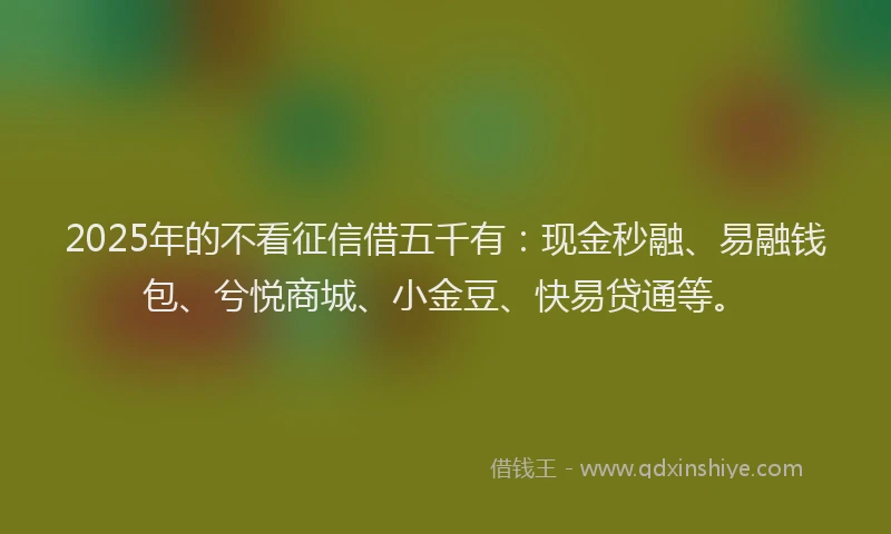 2025年的不看征信借五千有：现金秒融、易融钱包、兮悦商城、小金豆、快易贷通等。