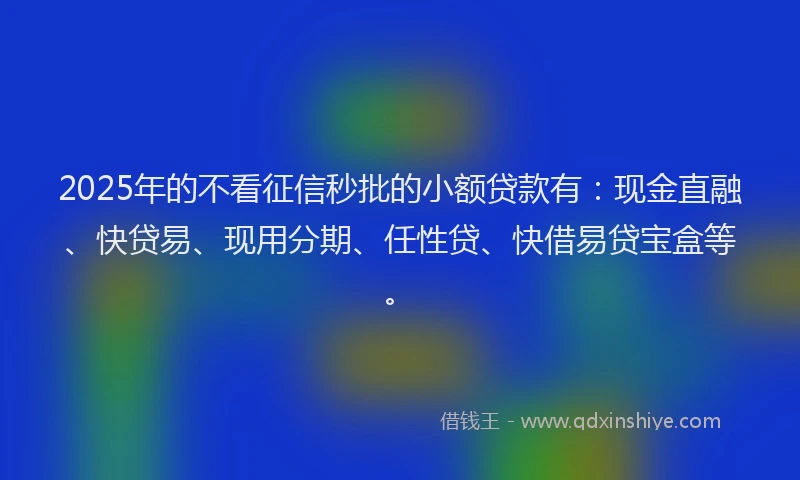 2025年的不看征信秒批的小额贷款有：现金直融、快贷易、现用分期、任性贷、快借易贷宝盒等。