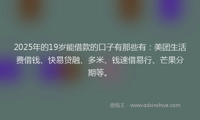 2025年的19岁能借款的口子有那些有：美团生活费借钱、快易贷融、多米、钱速借易行、芒果分期等。