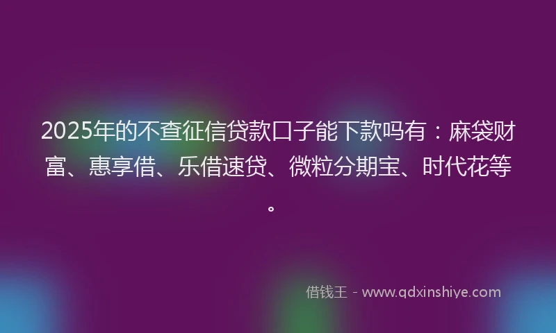 2025年的不查征信贷款口子能下款吗有：麻袋财富、惠享借、乐借速贷、微粒分期宝、时代花等。