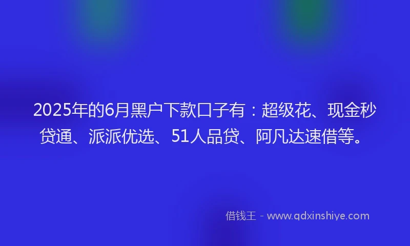 2025年的6月黑户下款口子有：超级花、现金秒贷通、派派优选、51人品贷、阿凡达速借等。
