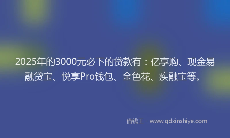 2025年的3000元必下的贷款有：亿享购、现金易融贷宝、悦享Pro钱包、金色花、疾融宝等。