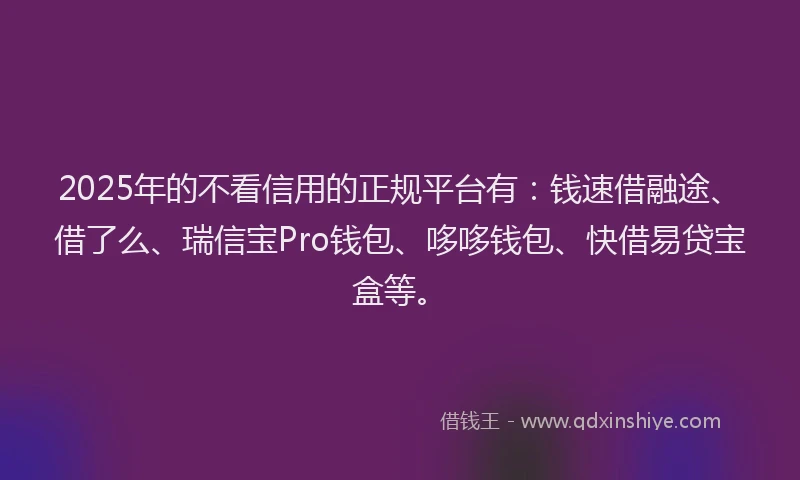 2025年的不看信用的正规平台有：钱速借融途、借了么、瑞信宝Pro钱包、哆哆钱包、快借易贷宝盒等。