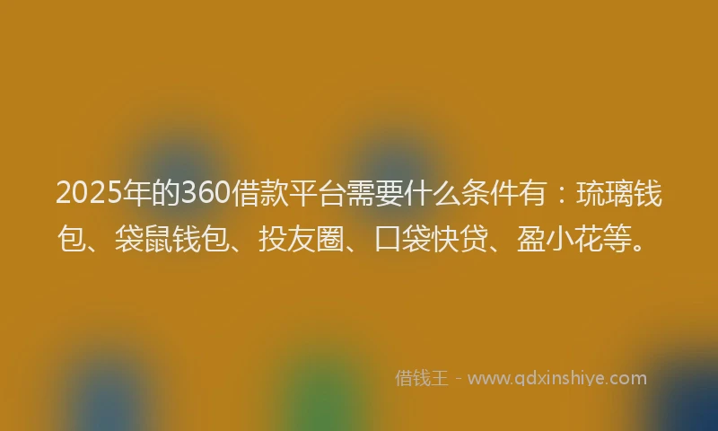 2025年的360借款平台需要什么条件有：琉璃钱包、袋鼠钱包、投友圈、口袋快贷、盈小花等。