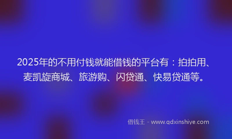 2025年的不用付钱就能借钱的平台有：拍拍用、麦凯旋商城、旅游购、闪贷通、快易贷通等。