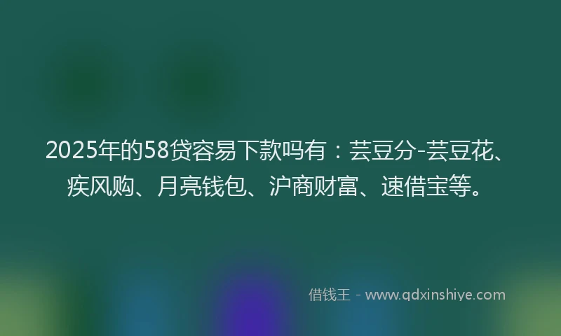 2025年的58贷容易下款吗有：芸豆分-芸豆花、疾风购、月亮钱包、沪商财富、速借宝等。