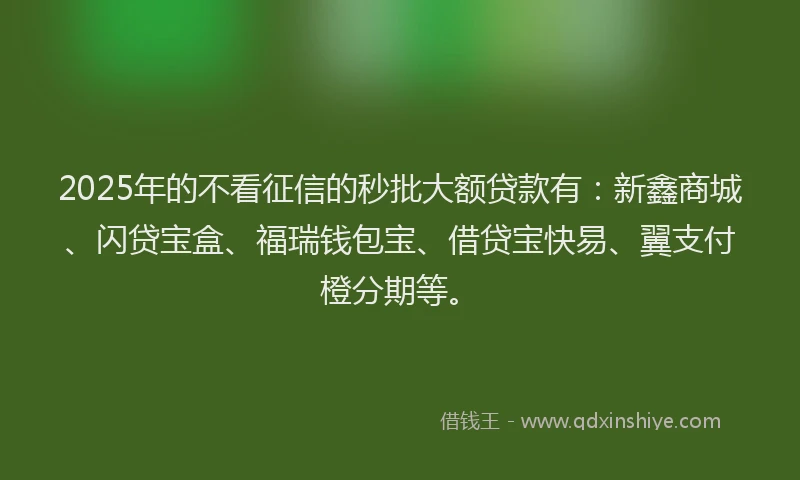 2025年的不看征信的秒批大额贷款有：新鑫商城、闪贷宝盒、福瑞钱包宝、借贷宝快易、翼支付橙分期等。