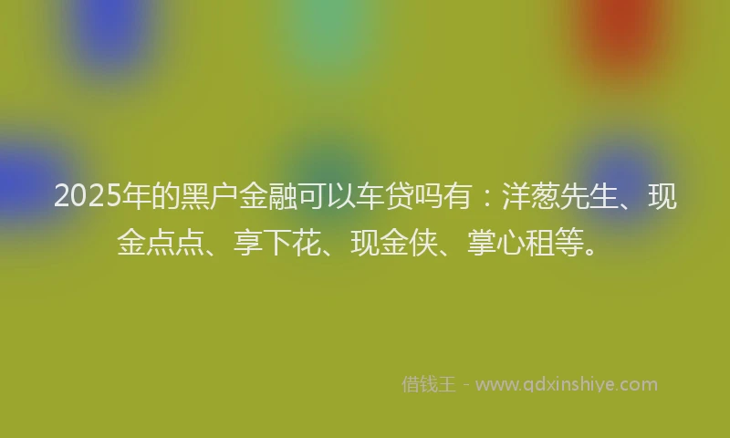 2025年的黑户金融可以车贷吗有：洋葱先生、现金点点、享下花、现金侠、掌心租等。