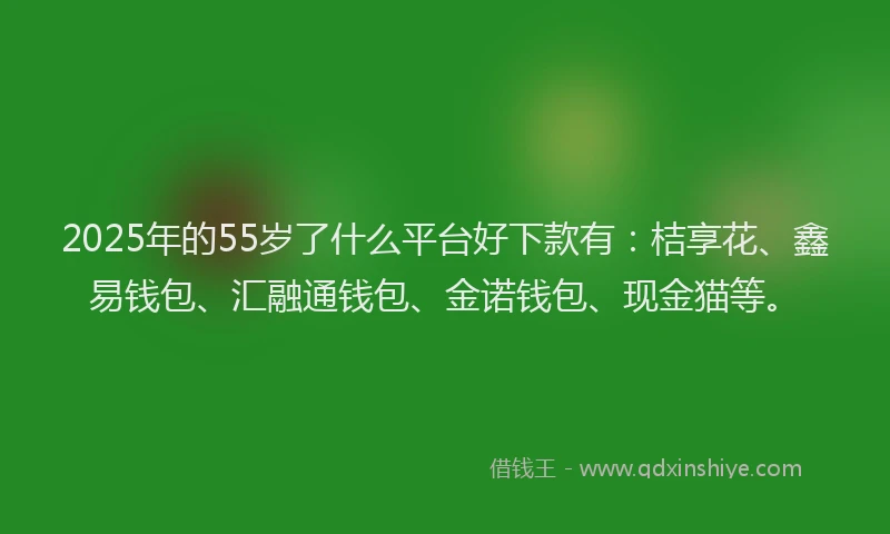 2025年的55岁了什么平台好下款有：桔享花、鑫易钱包、汇融通钱包、金诺钱包、现金猫等。