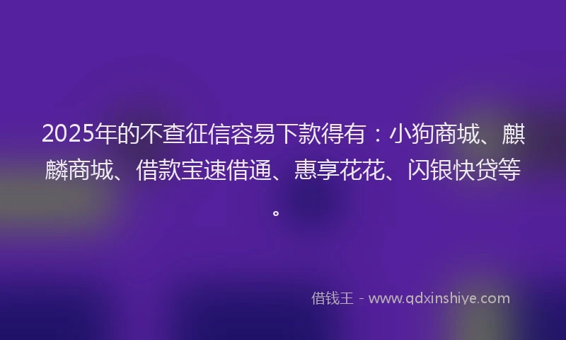 2025年的不查征信容易下款得有：小狗商城、麒麟商城、借款宝速借通、惠享花花、闪银快贷等。