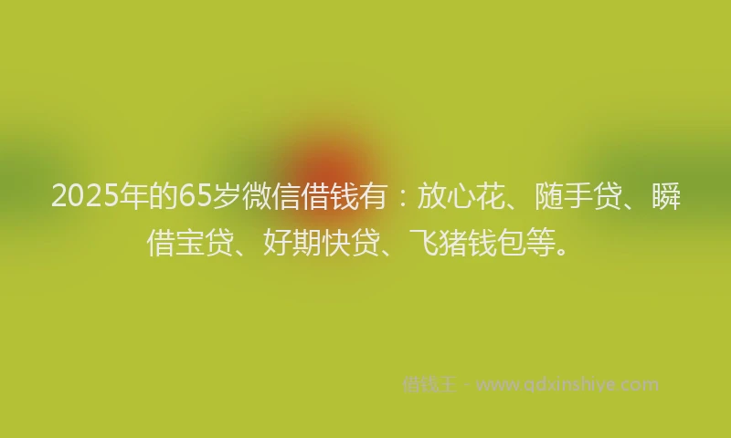 2025年的65岁微信借钱有：放心花、随手贷、瞬借宝贷、好期快贷、飞猪钱包等。