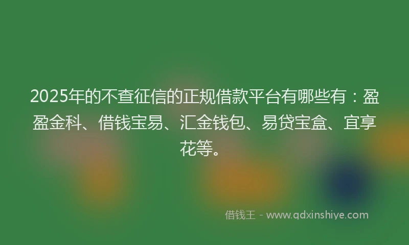2025年的不查征信的正规借款平台有哪些有：盈盈金科、借钱宝易、汇金钱包、易贷宝盒、宜享花等。
