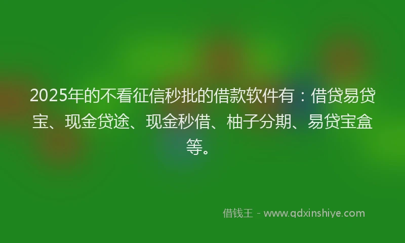 2025年的不看征信秒批的借款软件有：借贷易贷宝、现金贷途、现金秒借、柚子分期、易贷宝盒等。