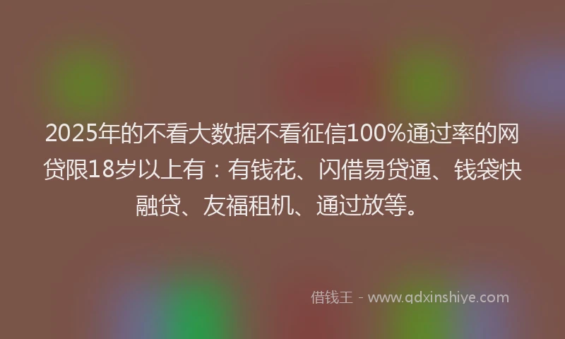2025年的不看大数据不看征信100%通过率的网贷限18岁以上有：有钱花、闪借易贷通、钱袋快融贷、友福租机、通过放等。