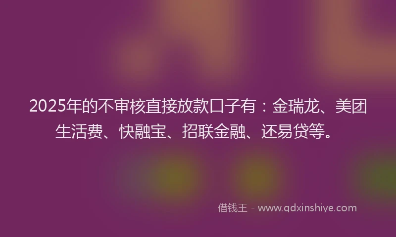 2025年的不审核直接放款口子有：金瑞龙、美团生活费、快融宝、招联金融、还易贷等。