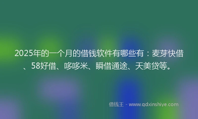 2025年的一个月的借钱软件有哪些有：麦芽快借、58好借、哆哆米、瞬借通途、天美贷等。
